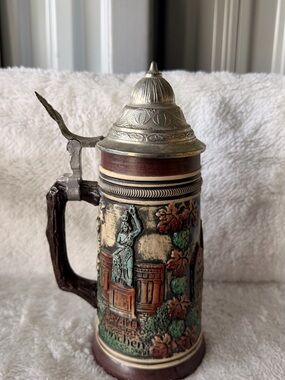 Vintage W. Germany Beer Stein German Tankard Pewter Lid Figural Relief